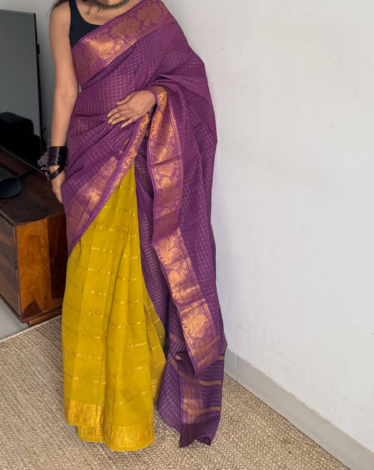 Purple with light green, sungudi cotton half-half saree - YCCOTNMSFE357