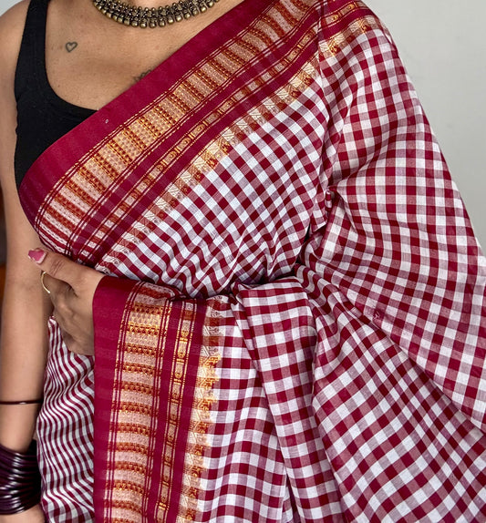 llkal dark maroon and white checks with chikki paras border, soft cotton with art silk blend - YCLOKICAP231