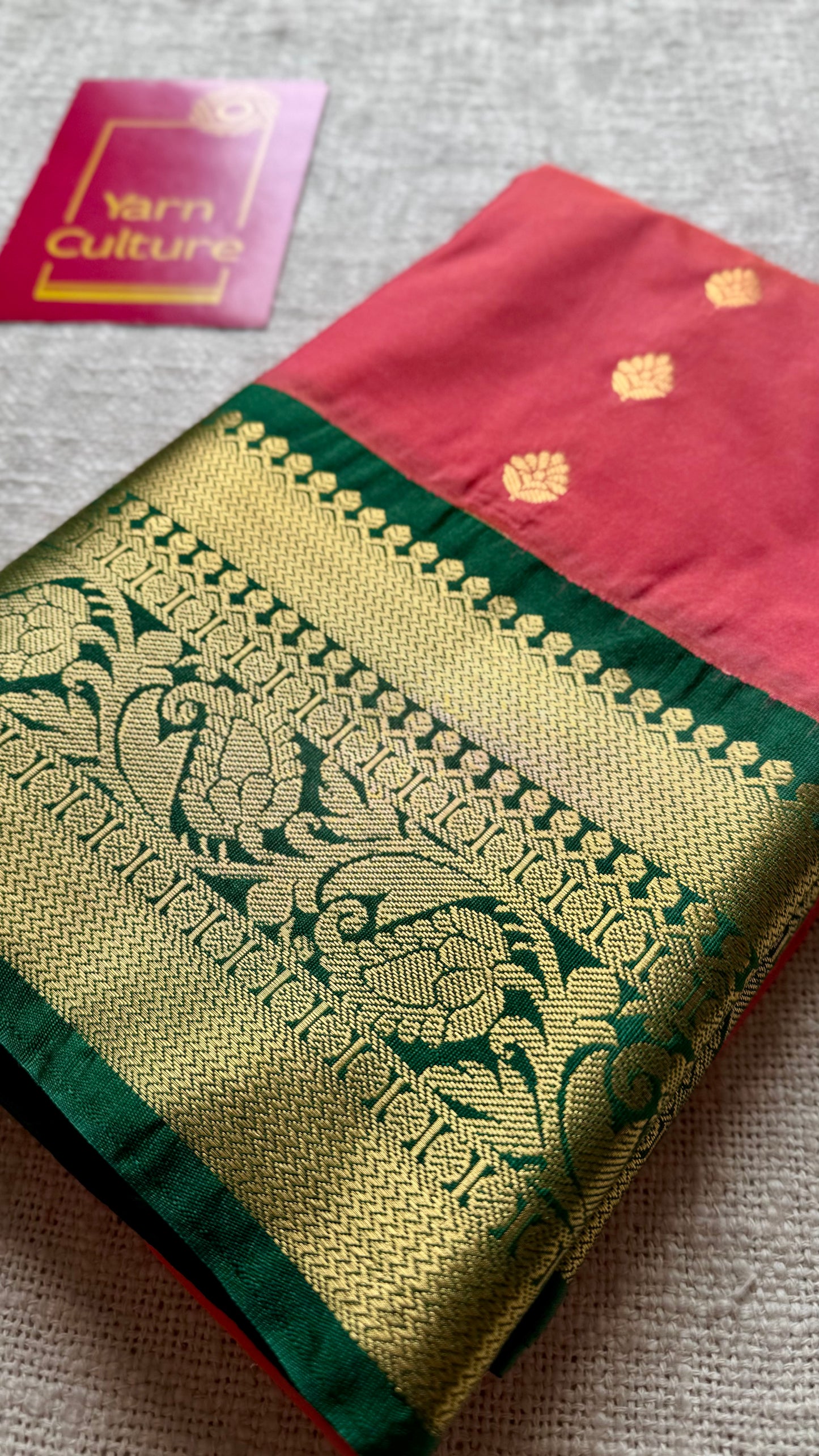 Kavini - peach with dark green, handloom korvai semi silk - YCCOTNFEJUKS01