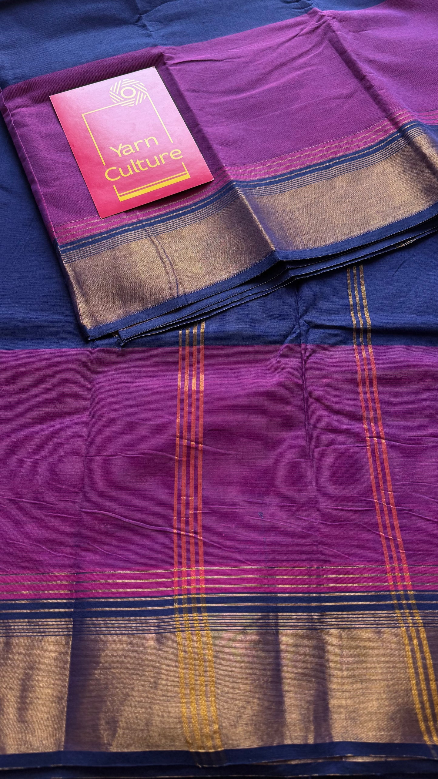 Dark blue and magenta Chettinad cotton saree with antique gold zari border - YCCOTNCCFE154