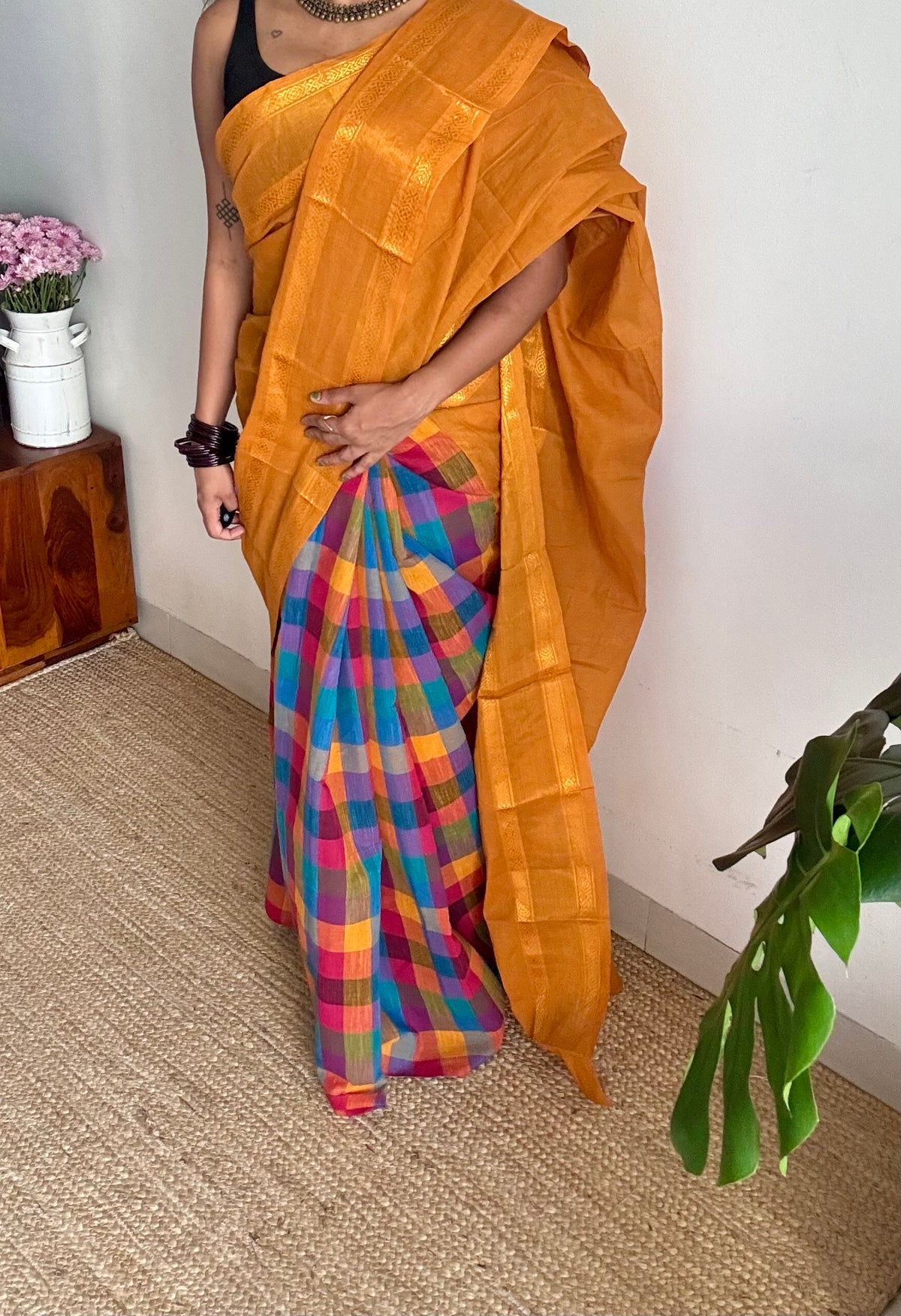 Turmeric yellow with multicoloured madras checks, cotton half and half saree - YCCOTNIDOC161
