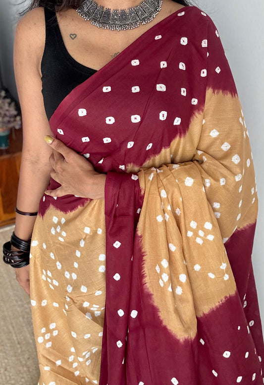 Beige with maroon Sungudi/Bandhani, soft cotton - YCCOTNSEMS78