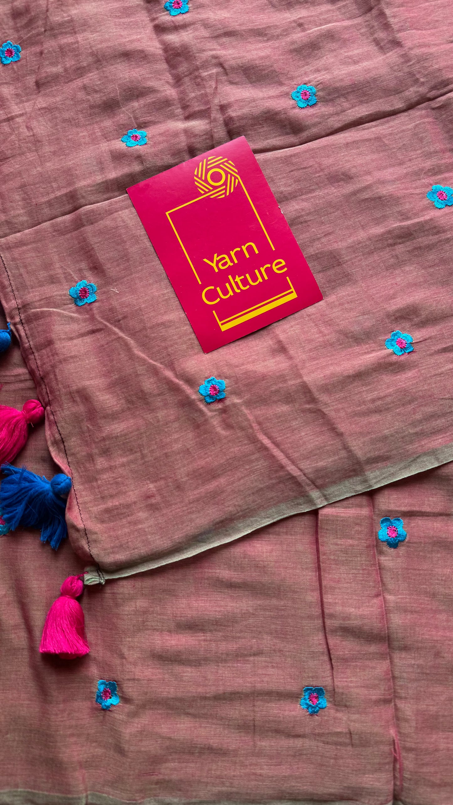 Dusty pink with grey dual tone, blue floral embroidered mul cotton saree - YCBCMCAP44