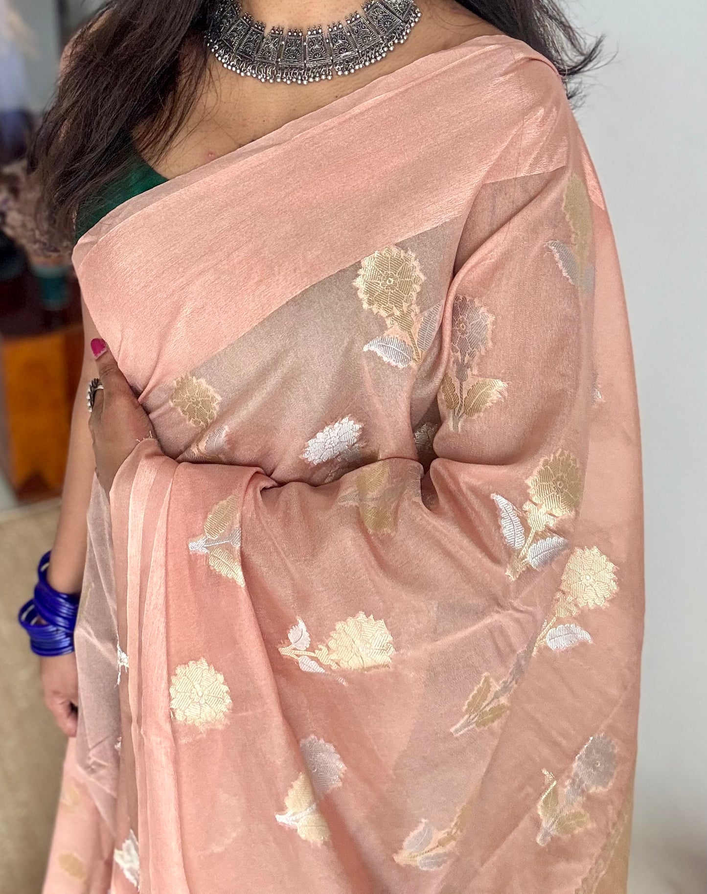 Salmon pink with gold and silver floral buttas, Banarasi semi-crepe silk - YCDESE53
