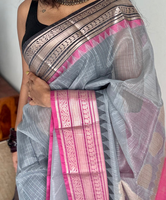 Grey kota doria saree with black and magenta contrast zari borders - YCFWKFE89