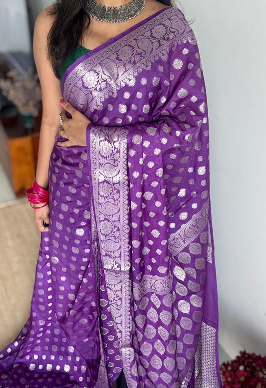 Purple, silver buttas and zari, Banarasi semi-silk - YCDESE44