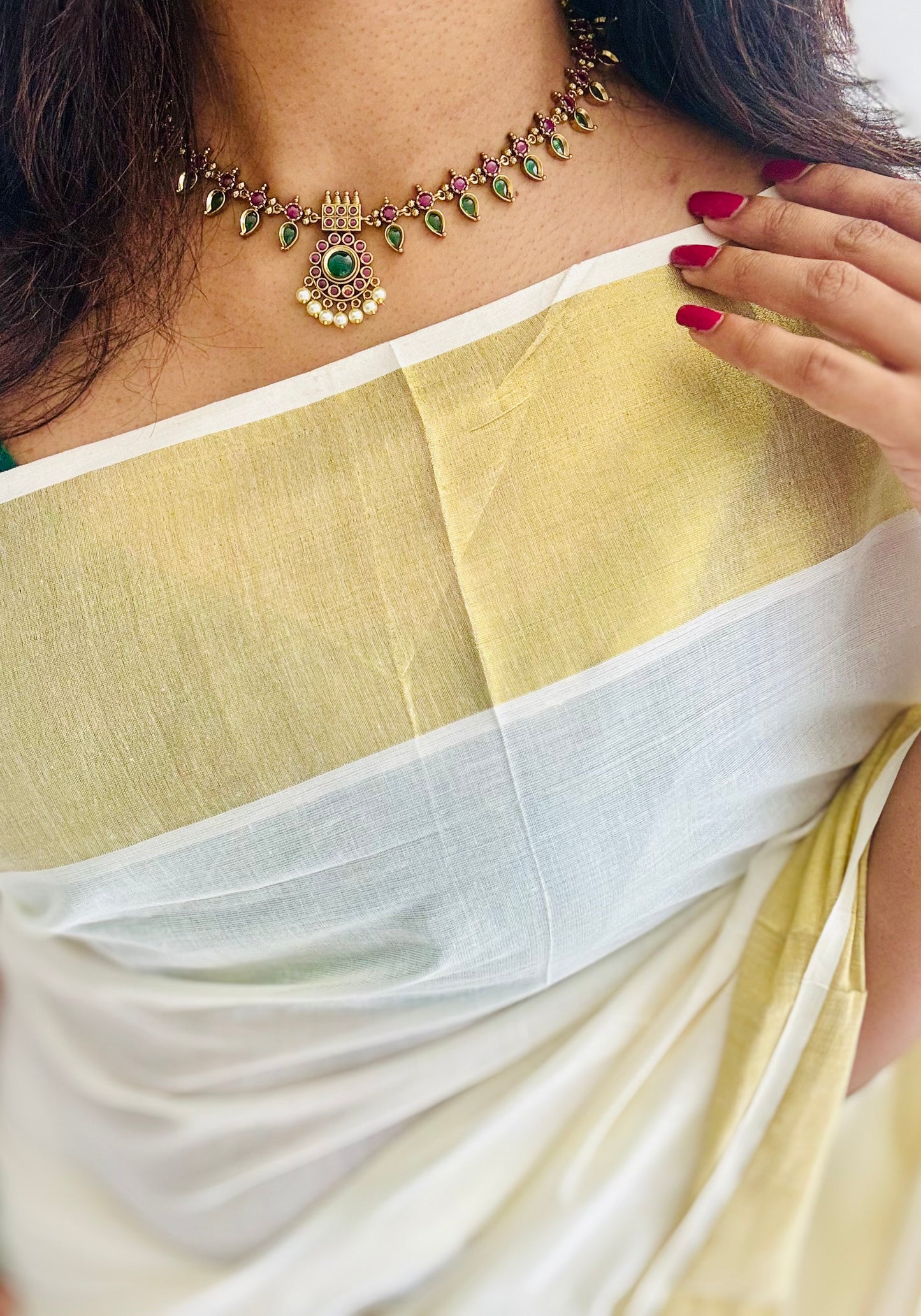 Green and dark pink palakka necklace with jhumka - YCAGC82