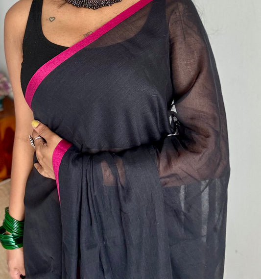 Black with hot pink border mul cotton saree - YCBCMCFE232