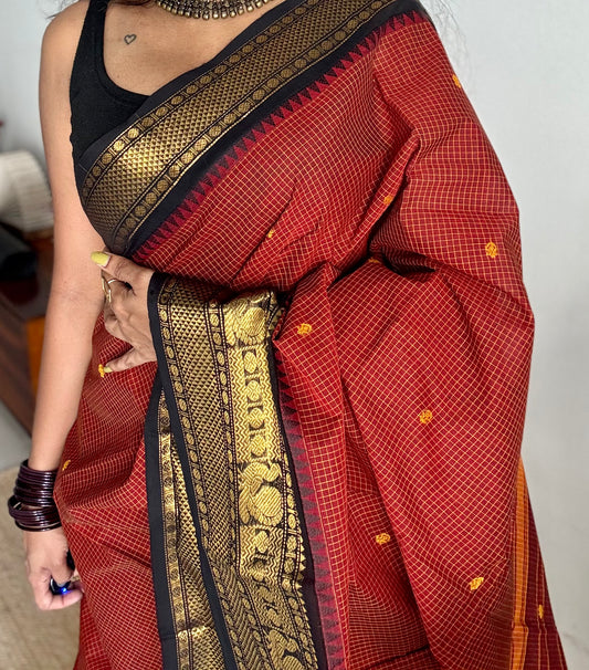 Brick red with black contrast, checkered kanchi cotton saree - YCCOTNJU20
