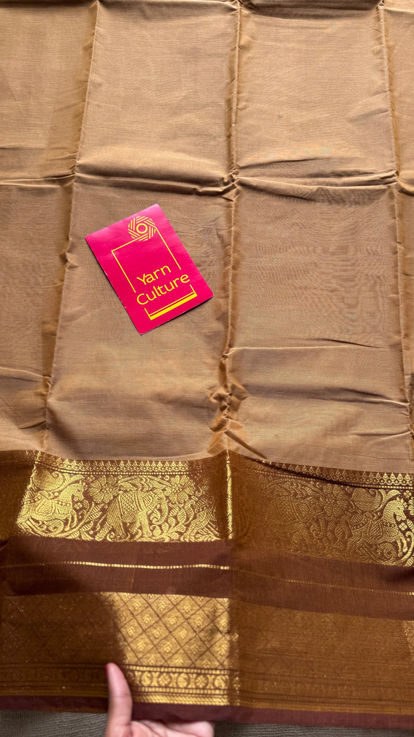 Light brown with dark brown, single side broad zari border, chettinad cotton - YCCOTNAUC56