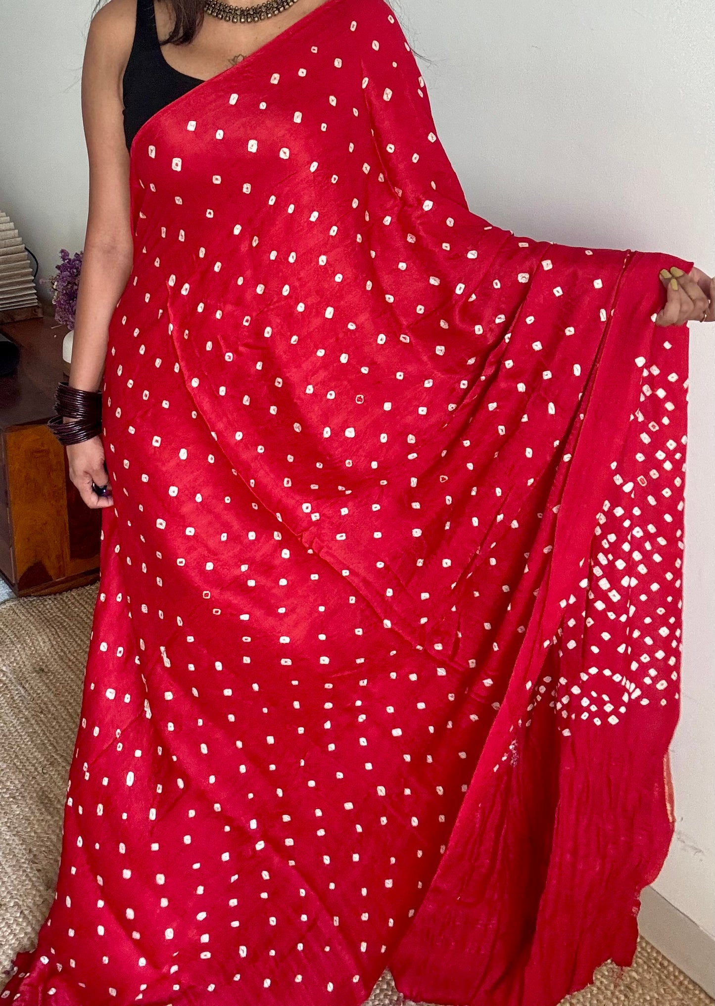 Red, crushed bandhej pure modal silk saree with lagdi patta zari pallu - YCTOKBM335
