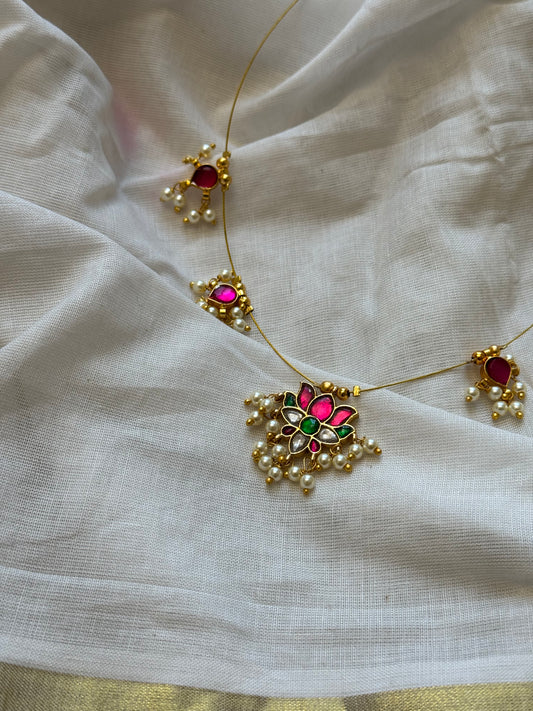 Invisible neckchain with jadau kundan stones & pearl hangings - ruby, green, white - YCGPNP689