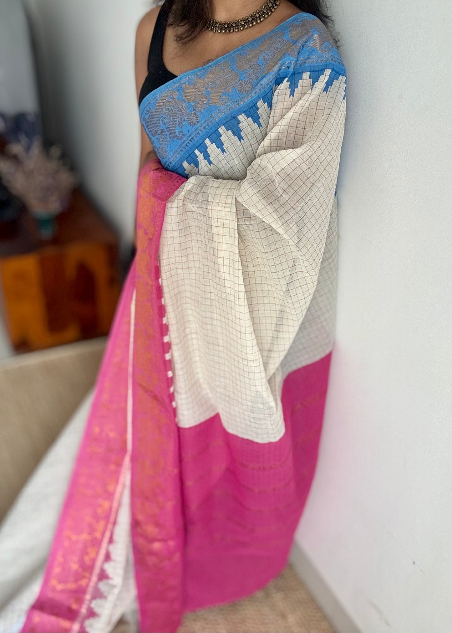 Sungudi cotton checks, ivory gold base, pink and blue dual tone border, soft cotton - YCCOTNAUS45