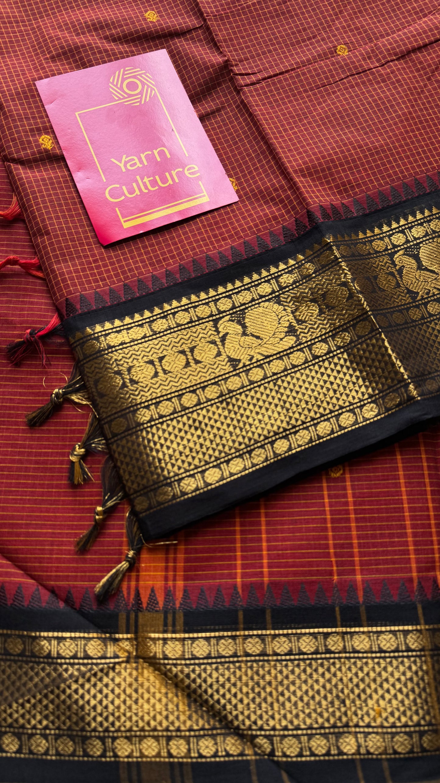 Brick red with black contrast, checkered kanchi cotton saree - YCCOTNJU20