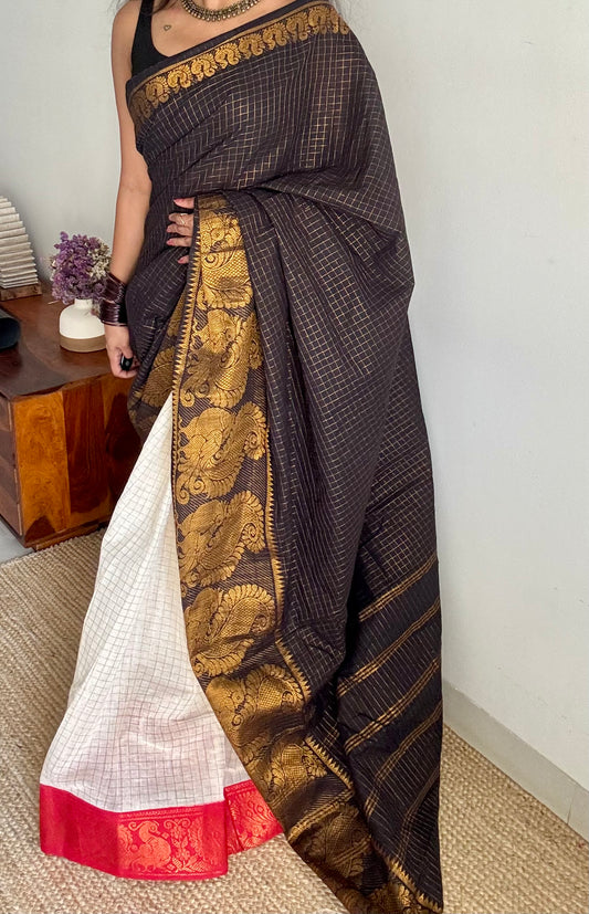 Black with ivory and red border, sungudi cotton half-half saree - YCCOTNIDMA312
