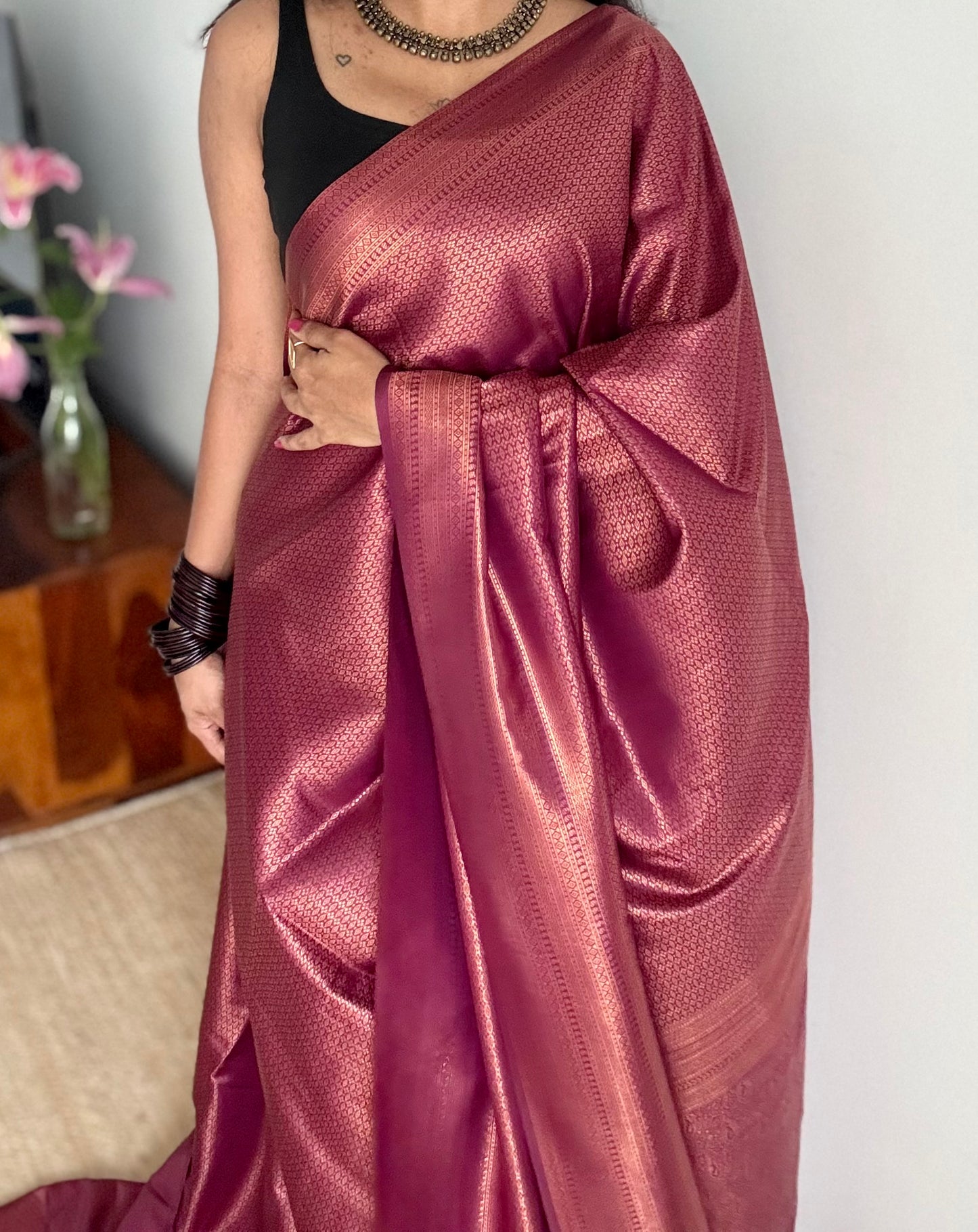 Wine, antique gold zari, semi-silk - YCDOSOCSS05