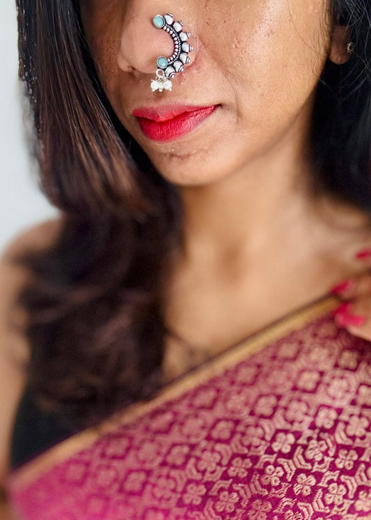 Oxidised silver, mint green, clip on Maharashtrian nath - YCOSNC199