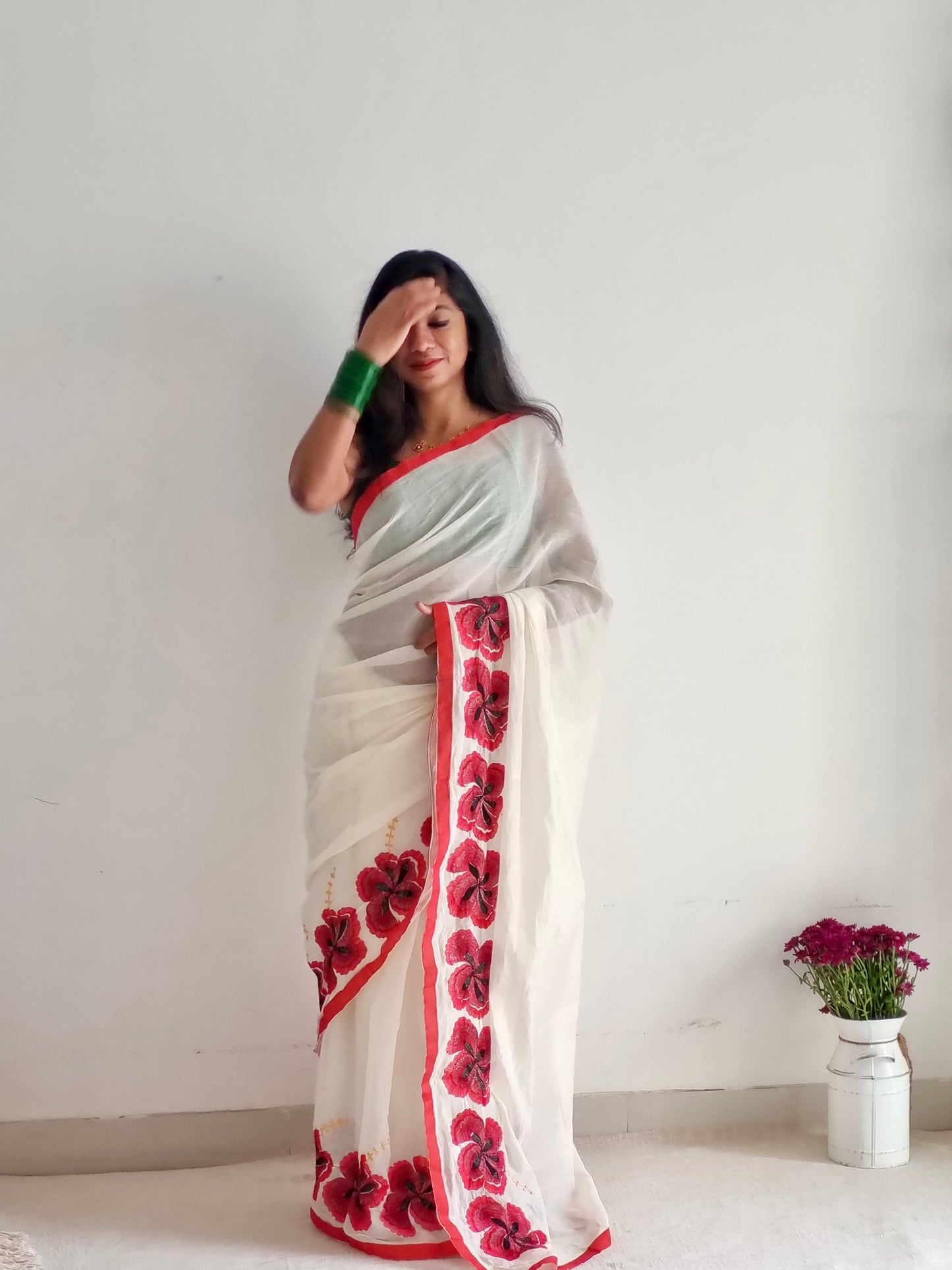 Chembarathi : Red Hibiscus flower cutwork in soft cotton, YCON25BCSC241