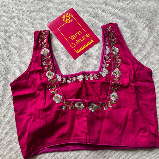 Hot pink with floral embroidery, sleeveless, cotton silk, size 36 (alterable from 34-40), readymade blouse - YCBLAU07
