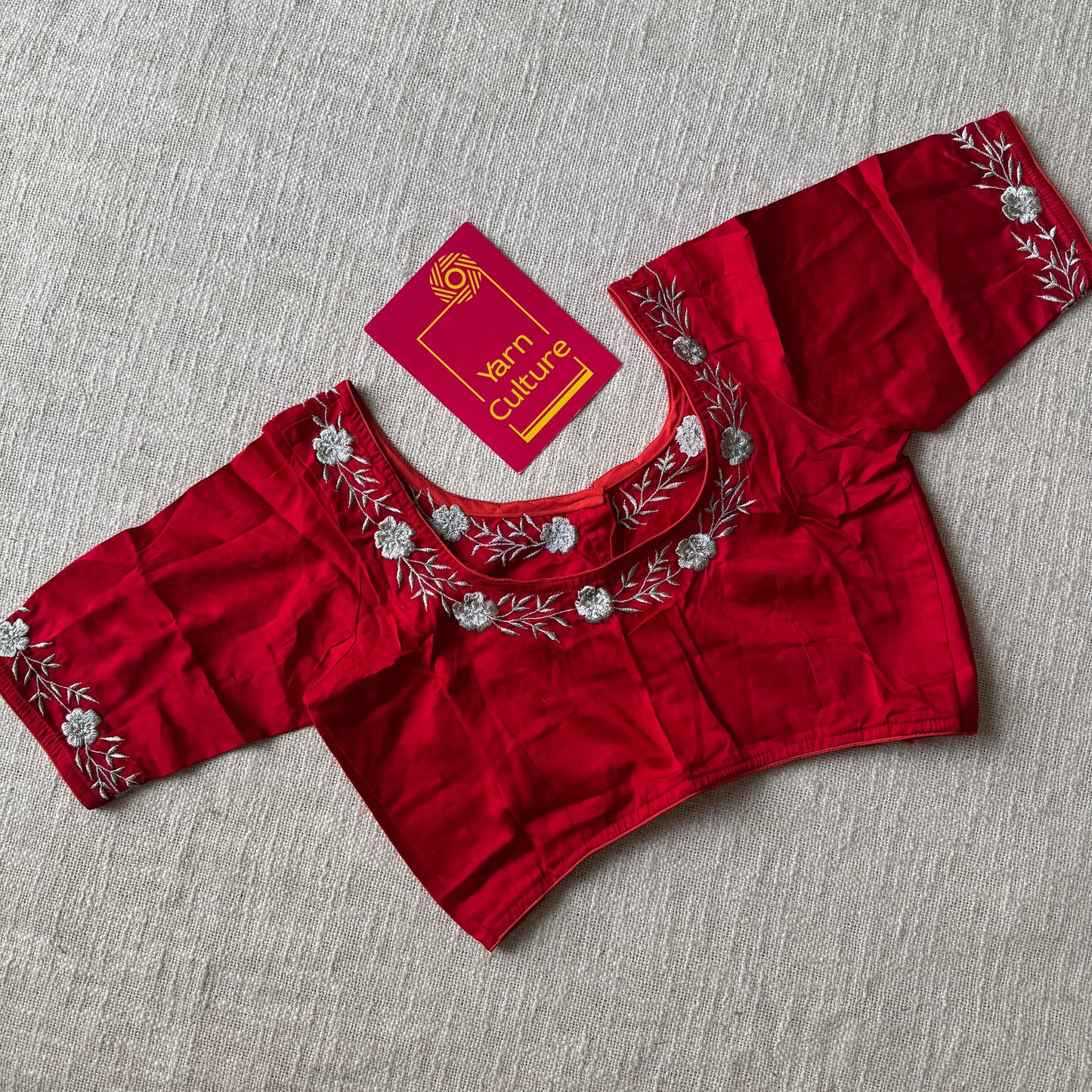 Red cotton silk with silver floral emboridery, size 36 (alterable from 34-40), readymade blouse - YCBLAU01