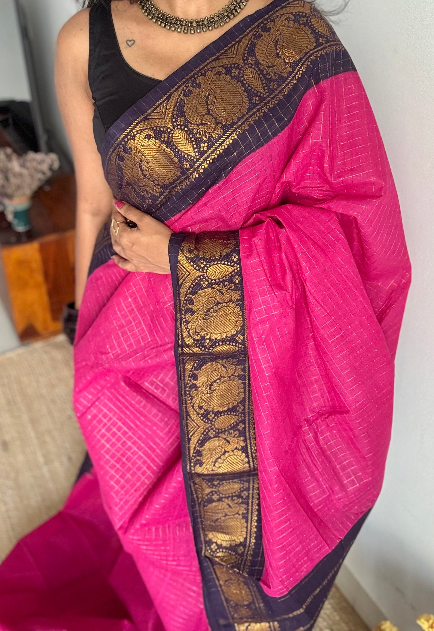 Dark hot pink with dark blue checkered sungudi, madurai cotton - YCCOTNOCSC22