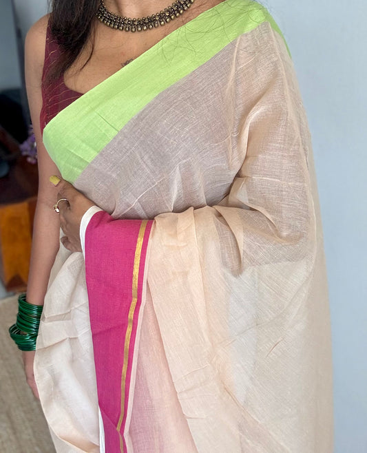 Sandal mul saree with pink and pista green borders - YCBCMCFE292