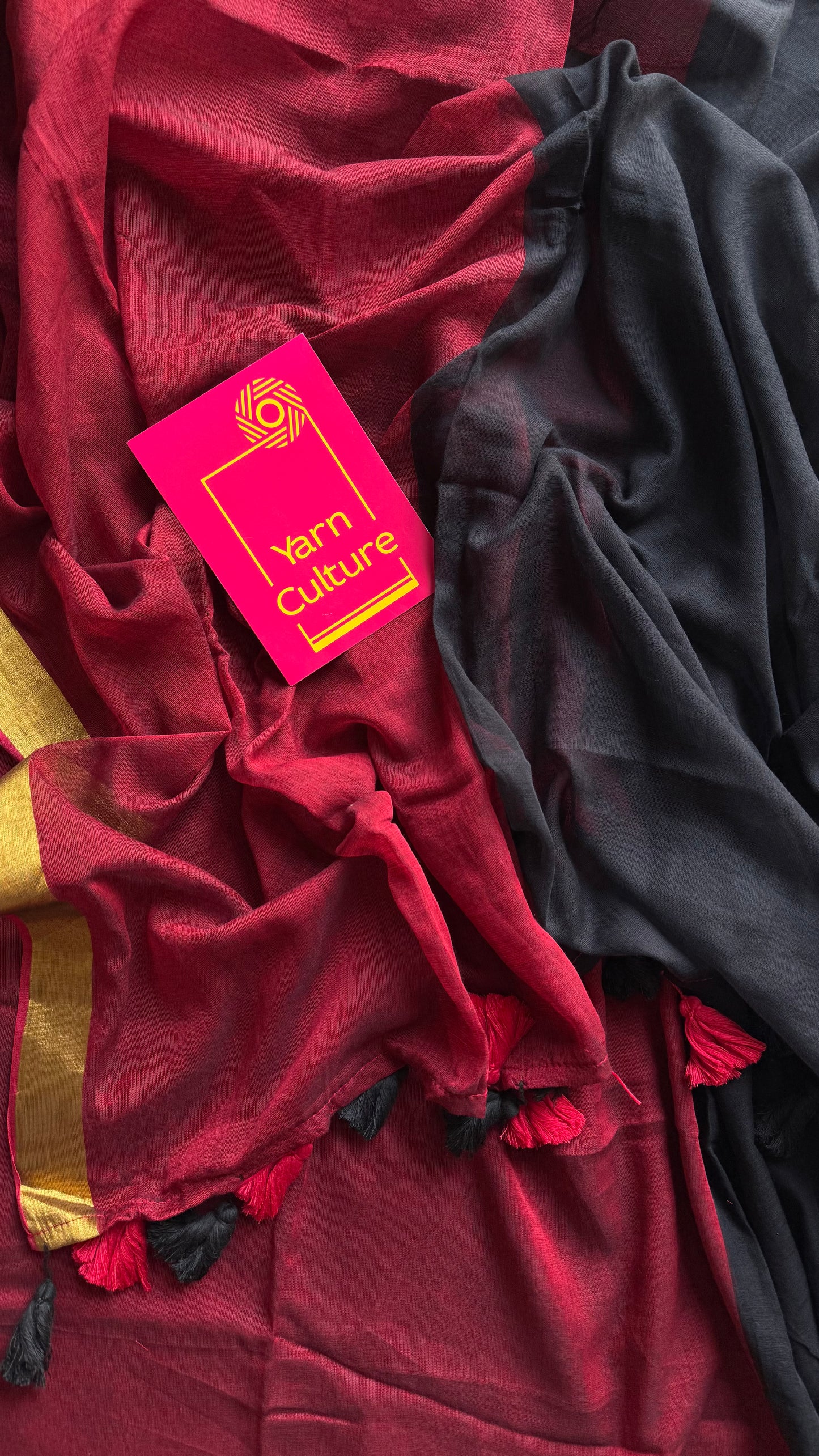 Black with dark red half-half patterned mul with zari border - YCBCMCNO77