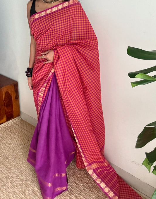 Orange and magenta with purple, sungudi and chettinad cotton half-half saree - YCCOTNIDOC38