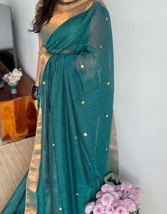 Peacock green mul with gini sequins and copper zari border - YCBCMCNO62