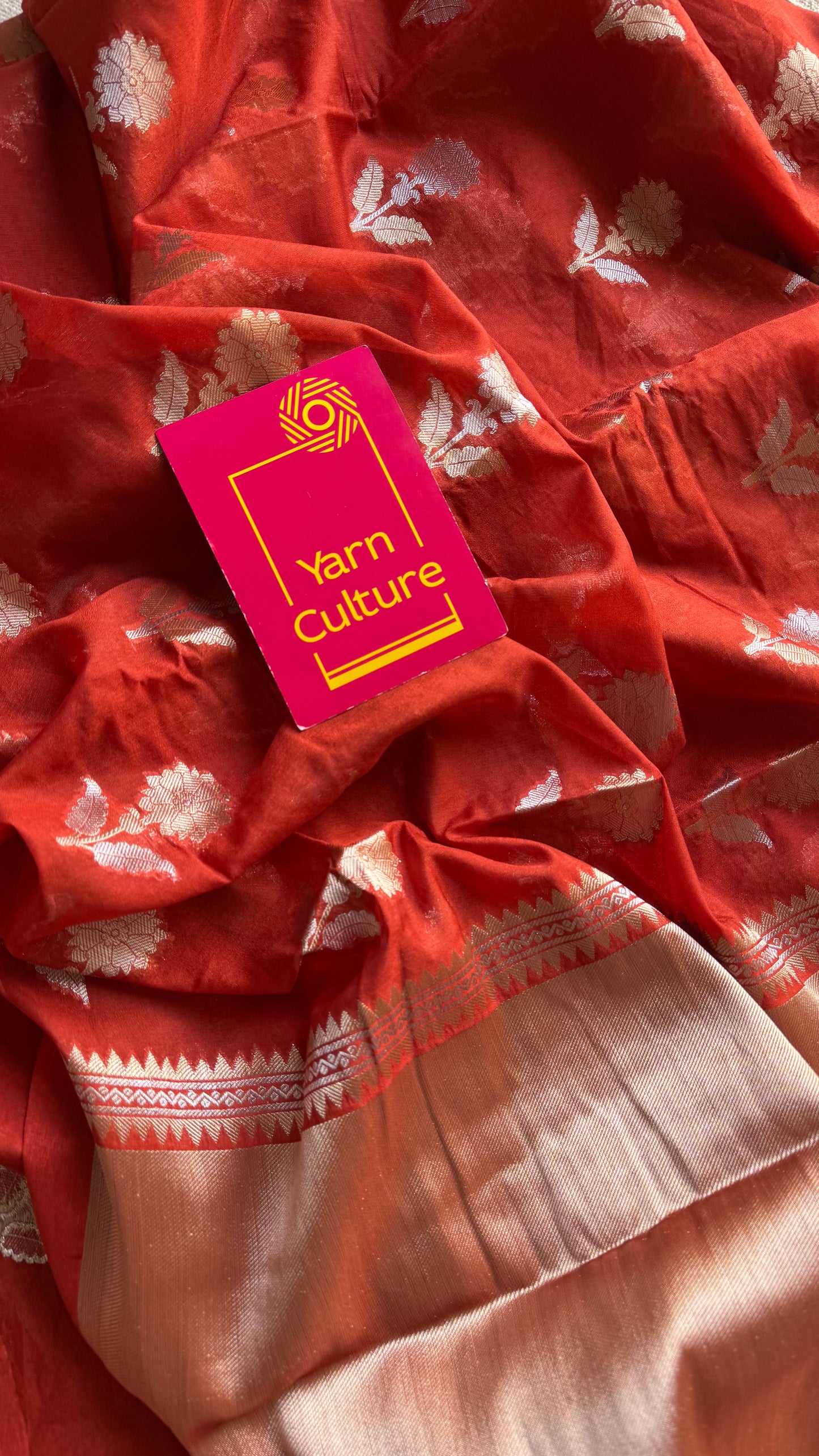 Rust orange with gold and silver floral buttas, Banarasi semi-crepe silk - YCDESE50