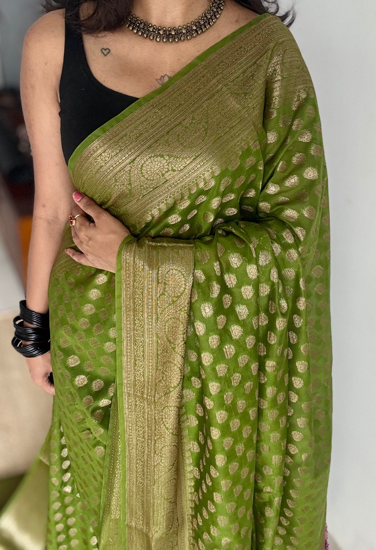 Harita - Olive green, antique gold zari, Banarasi semi georgette - YCBLFEGAGZ18