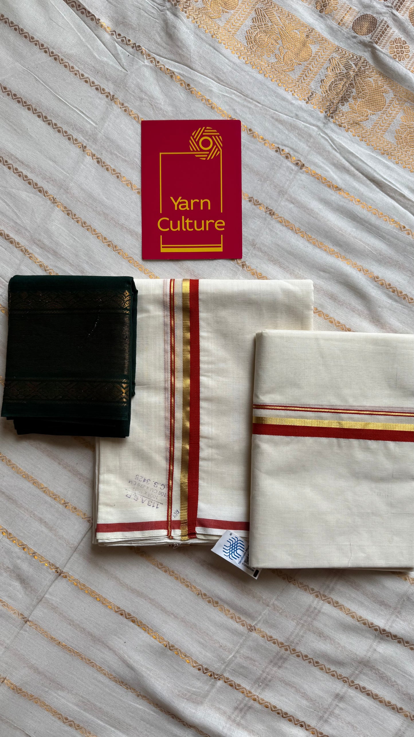 Set mund, handwoven from Chendamangalam looms, rust orange and gold - YCIEON143