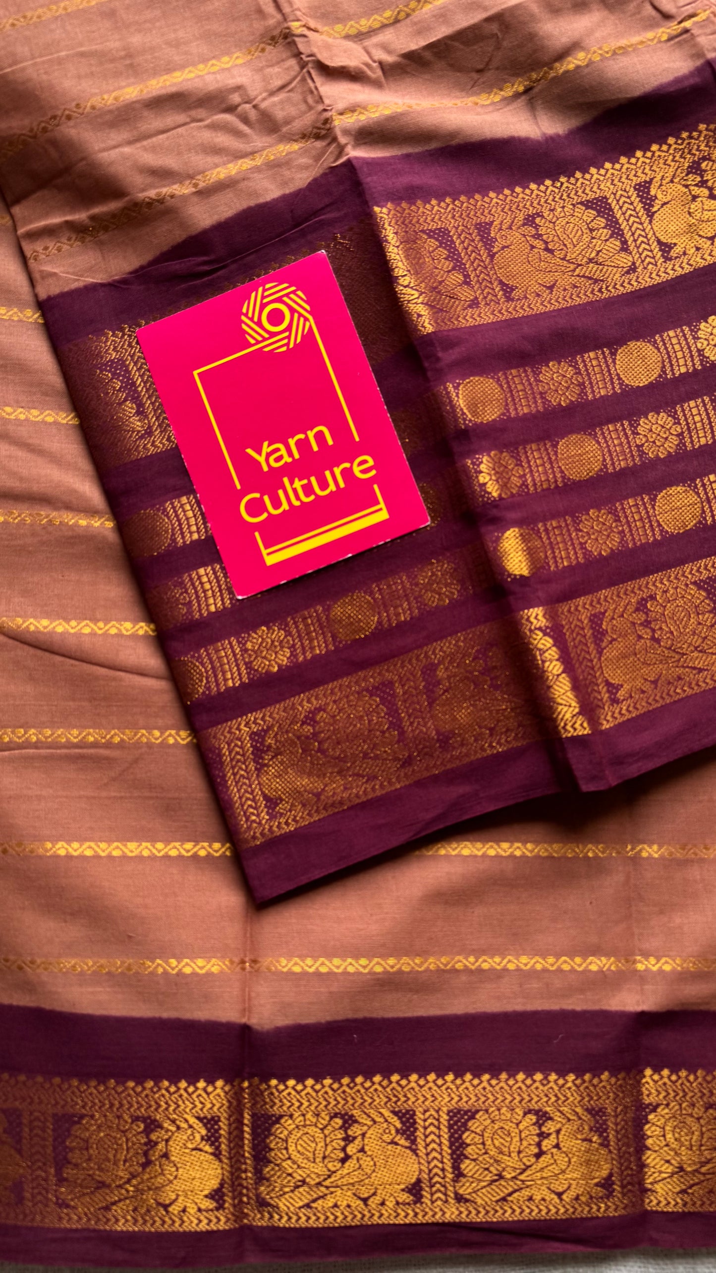 Light brown with maroon, peacock rudraksham motif, single side broad zari - madurai kattuchayam dyed - YCCOTNAUS33