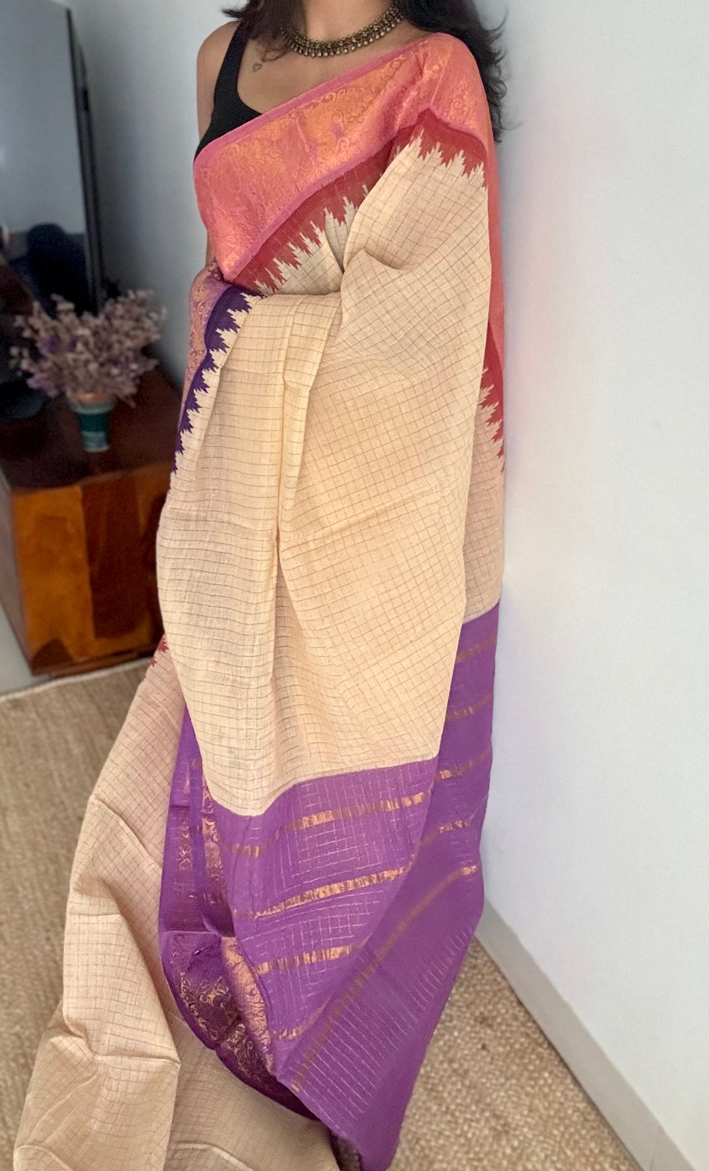 Pink - violet sungudi cotton checks, sandal colour base, soft cotton - YCCOTNJSUN03
