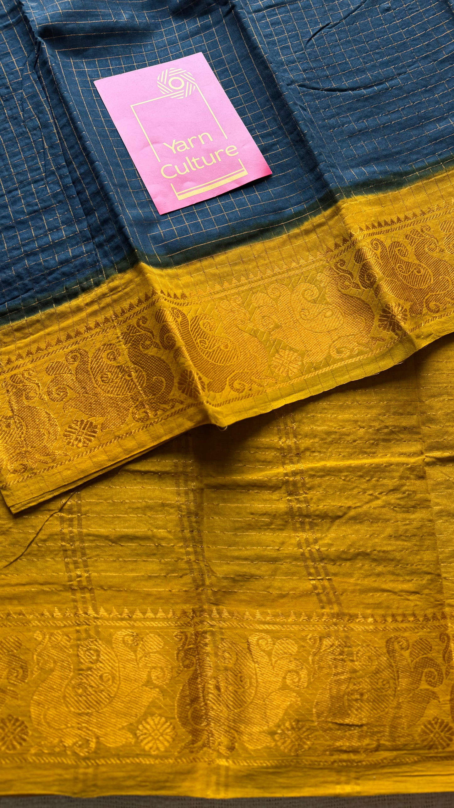 Dark teal with turmeric yellow, checkered with zari border, sungudi cotton - YCCOTNSUDE48