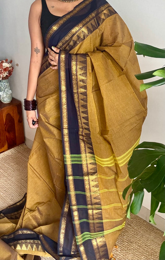 Mustard yellow with black gap zari border, kanchi cotton saree - YCCOTNCCOC118
