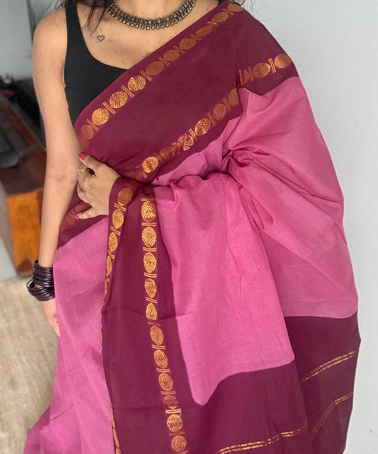 Dusty pink with dark maroon sungudi, kattuchayam dyed, madurai cotton - YCCOTNOCSC12