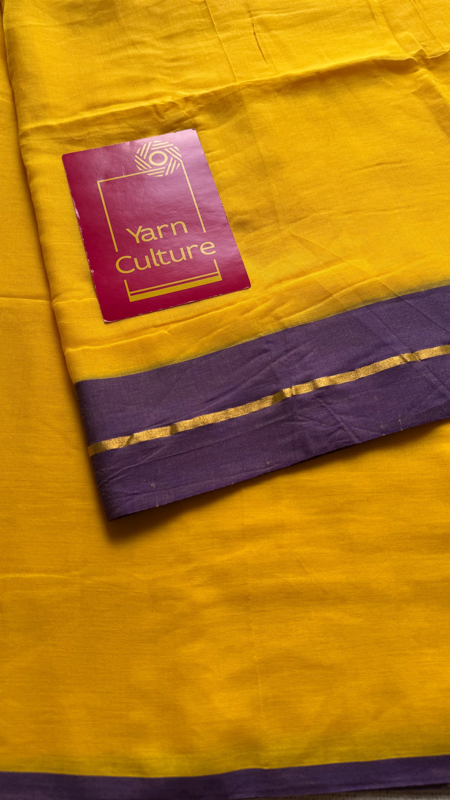 Yellow with purple border mul, thin antique gold zari gap border - YCBCMCLSE45