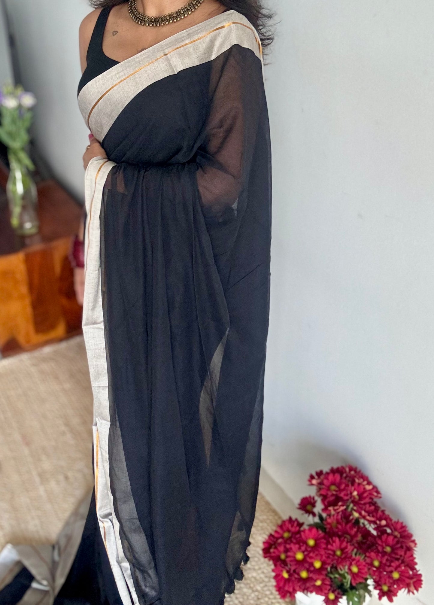 Black with grey border mul, thin antique gold zari gap border - YCBCMCLSE43