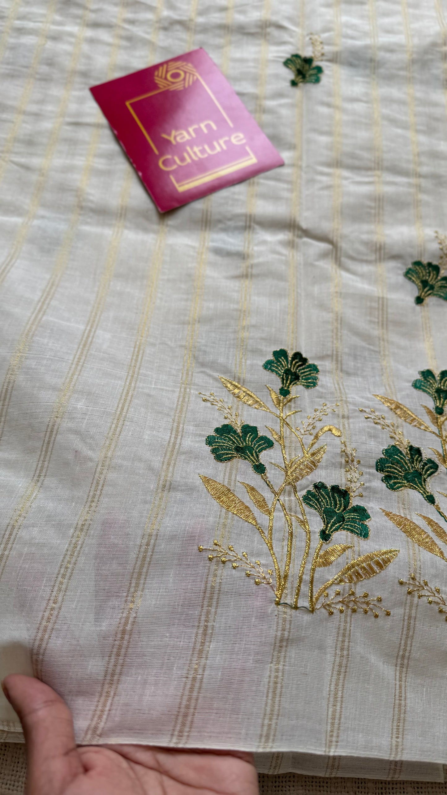 Ivory and gold with green flower embroidery, striped zari, kerala cotton - YCON25KCSFE260