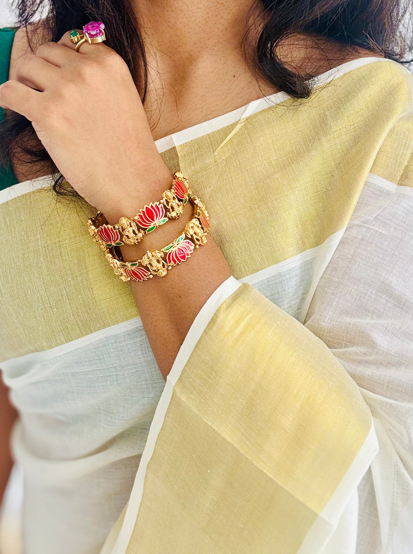 Dark pink with green lotus bangles (set of 2) - YCAGBG98