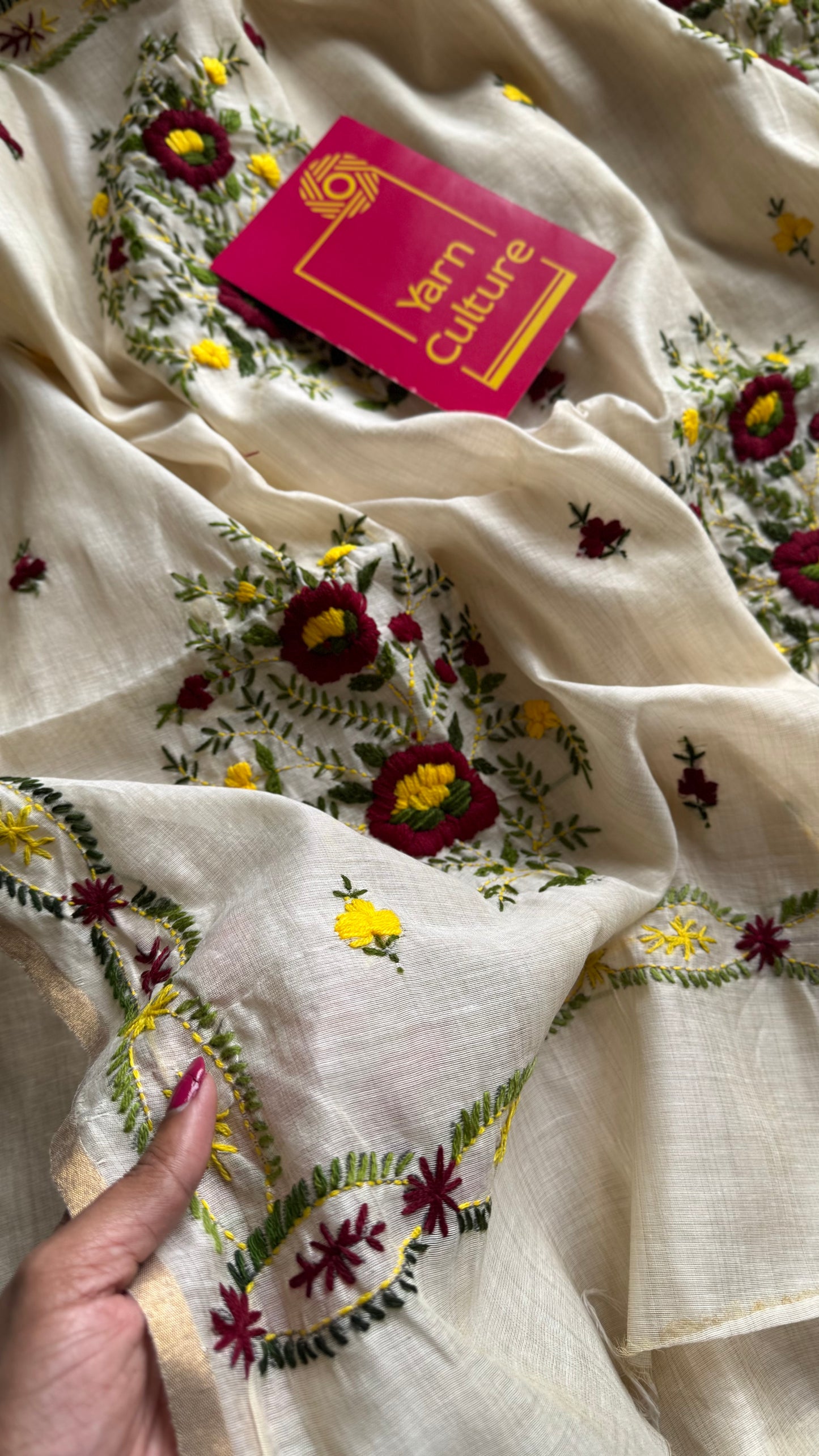 Ivory maheshwari cotton silk blend with deep maroon and light yellow floral kantha threadwork - YCBLJULMK06
