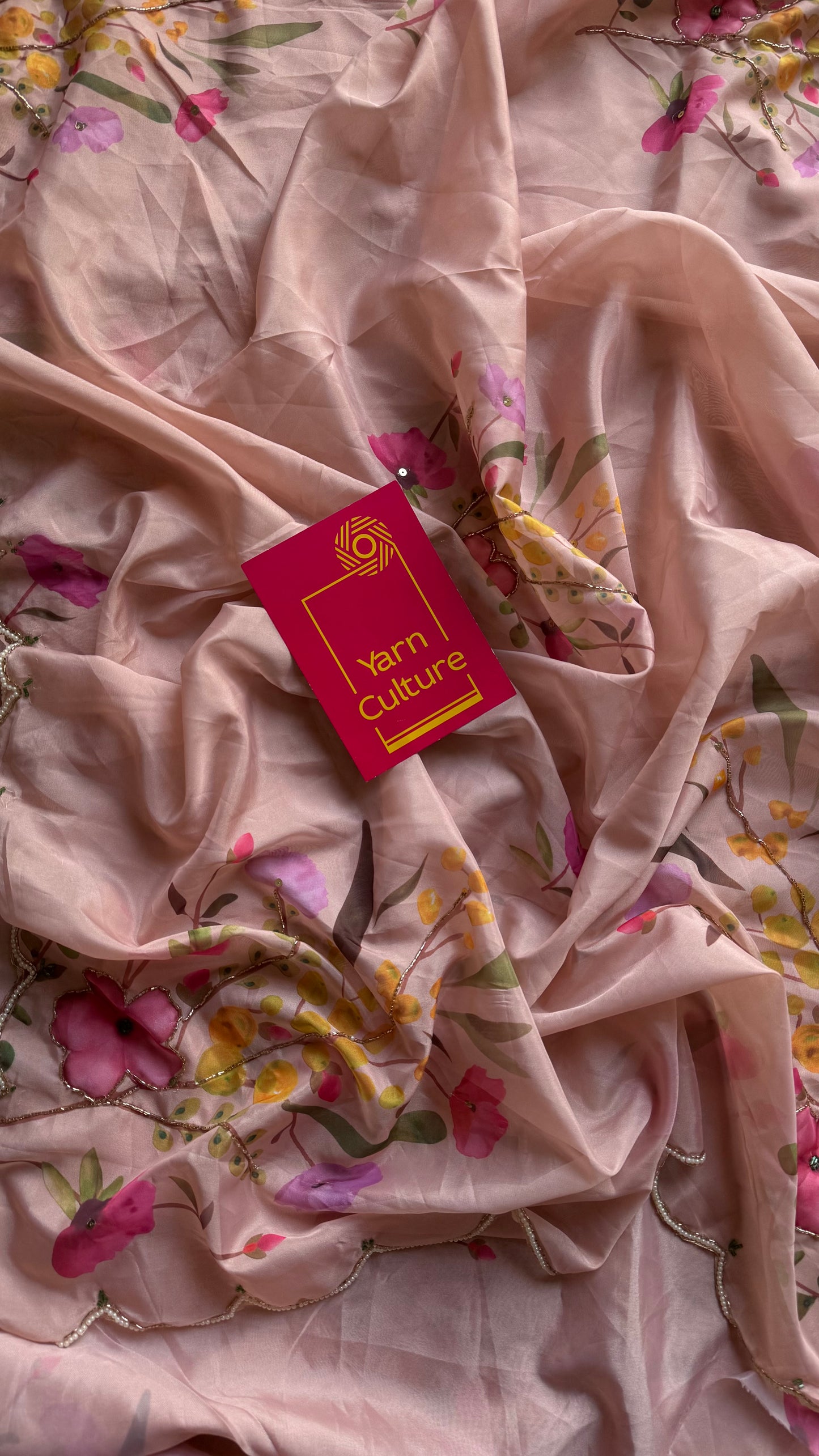 Peach Bloom - peach floral handworked sequins work, tabby silk - YCDOSNO49