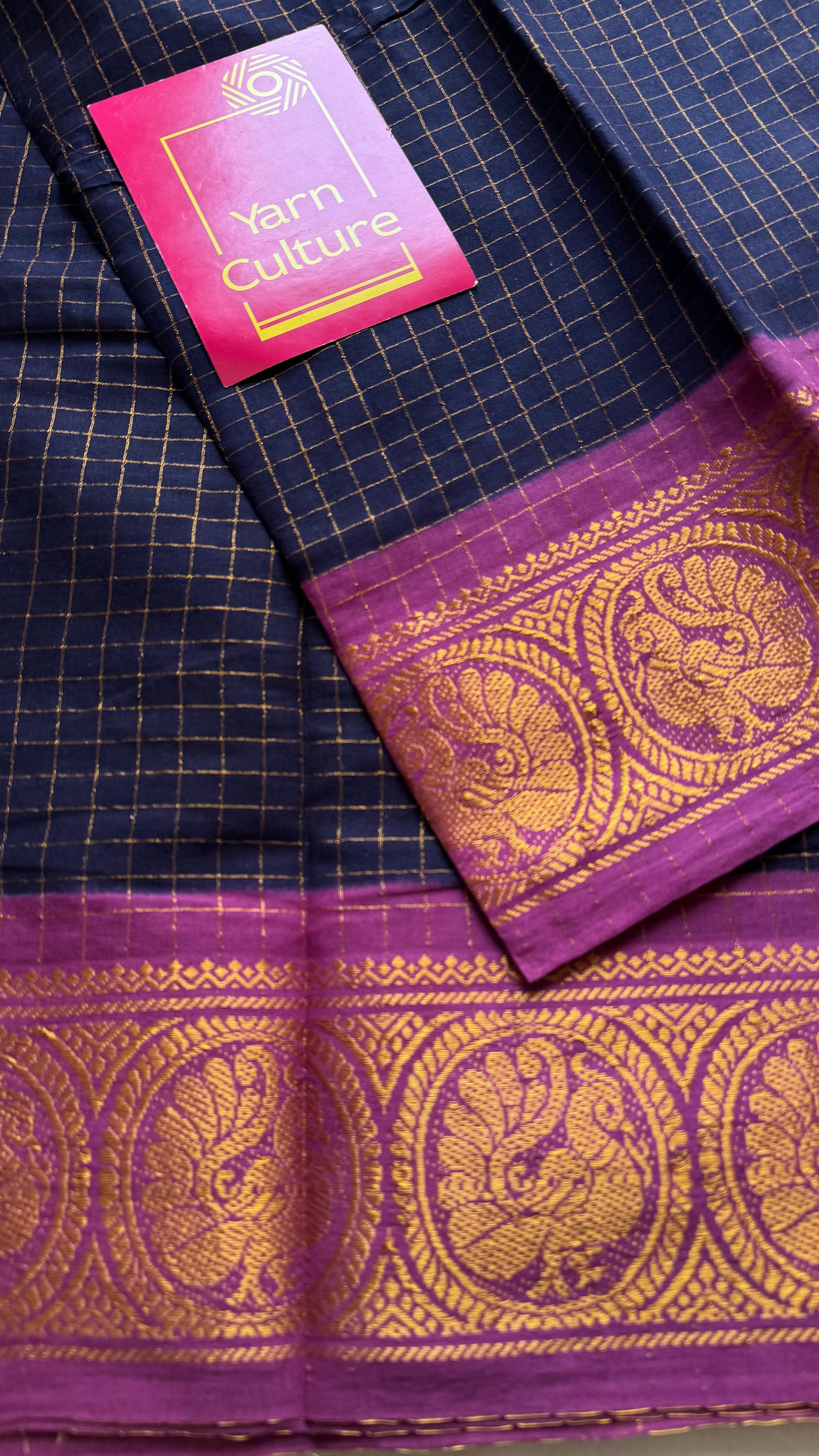 Dark blue with mauve pink contrast zari checkered sungudi, kattuchayam dyed madurai cotton - YCCOTNMSAP93