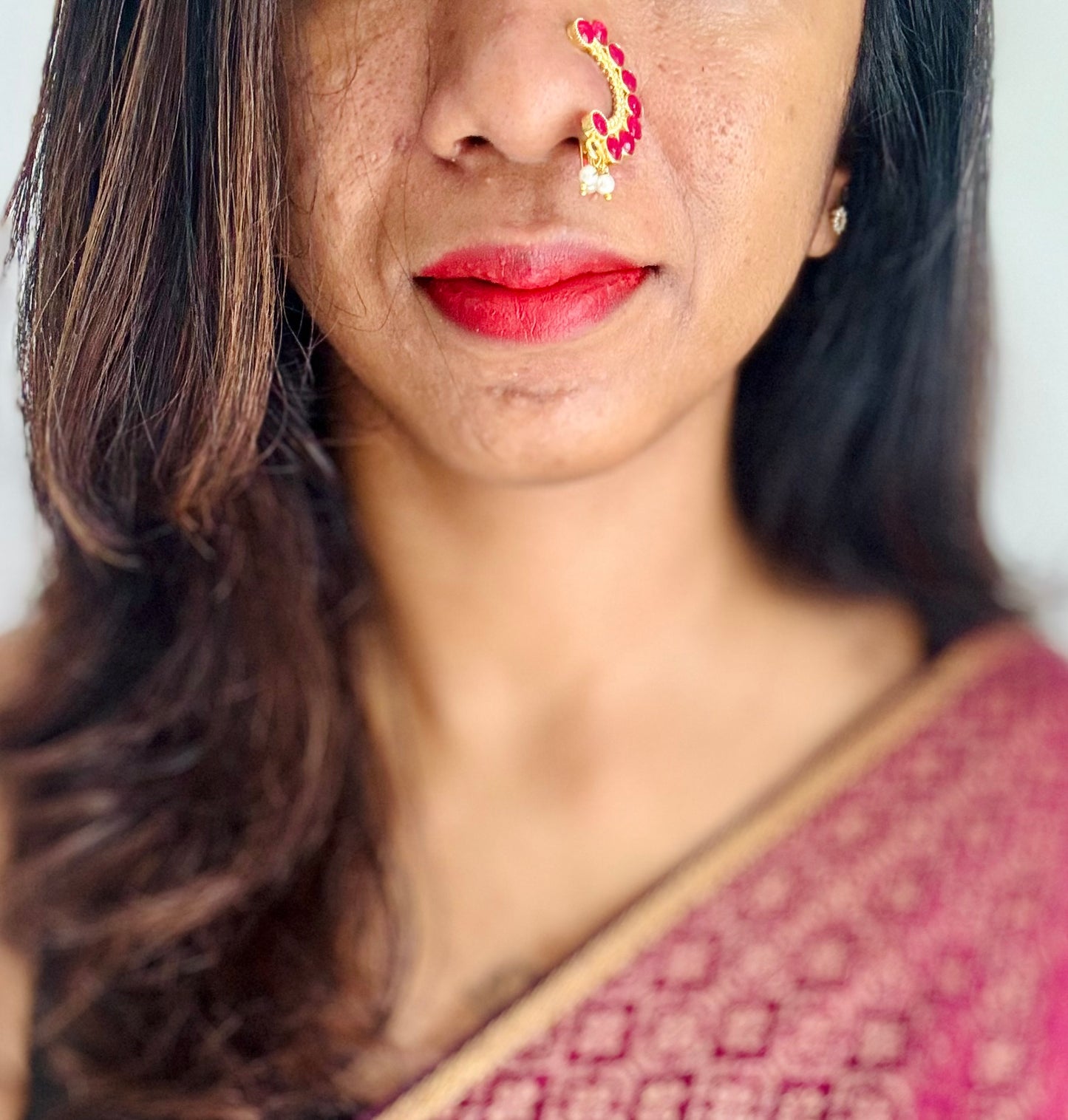 Gold plated, ruby coloured stone, clip on Maharashtrian nath - YCGPNC200