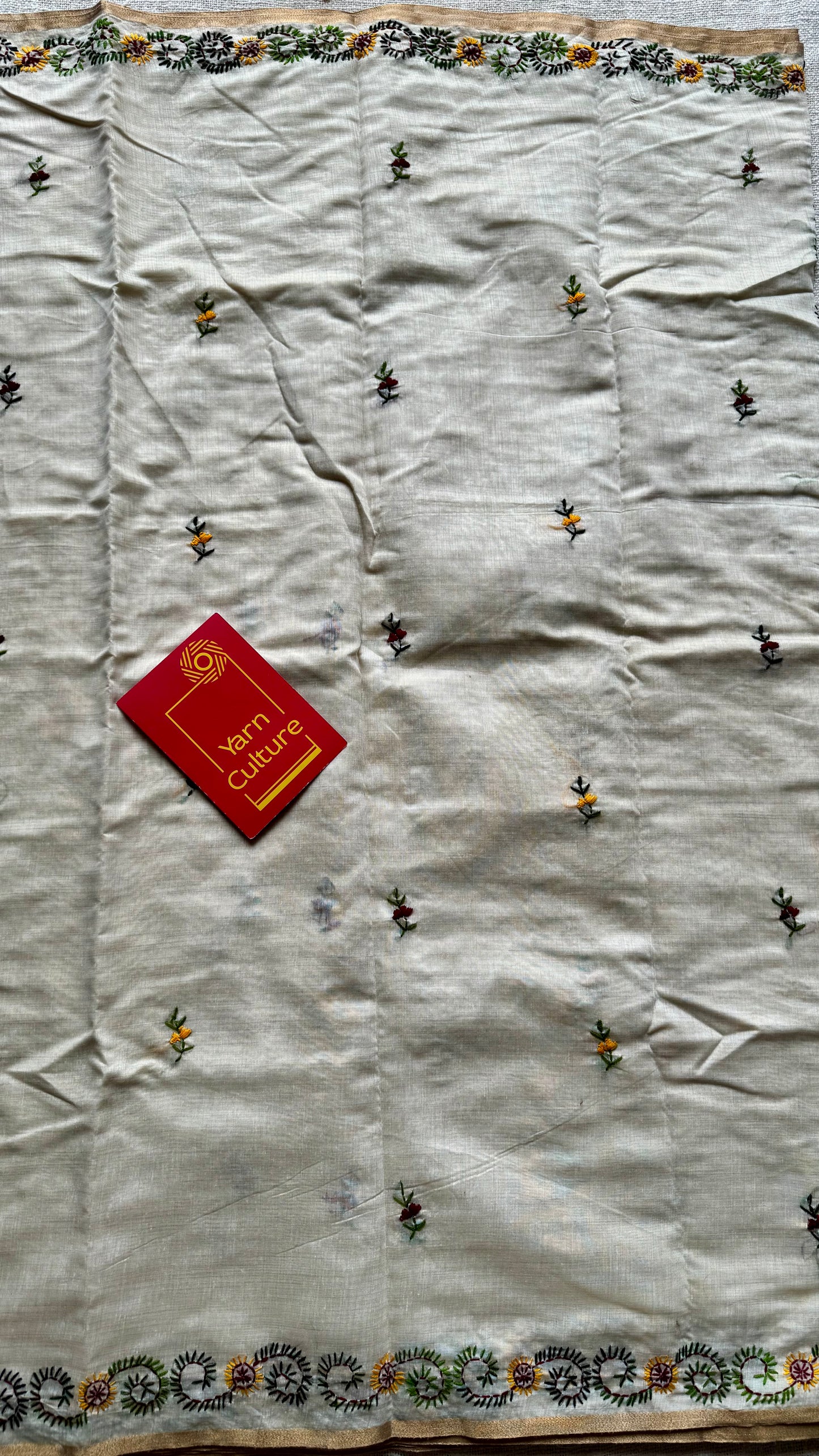 Ivory maheshwari cotton silk blend with maroon and yellow floral kantha threadwork - YCBLAUMK13