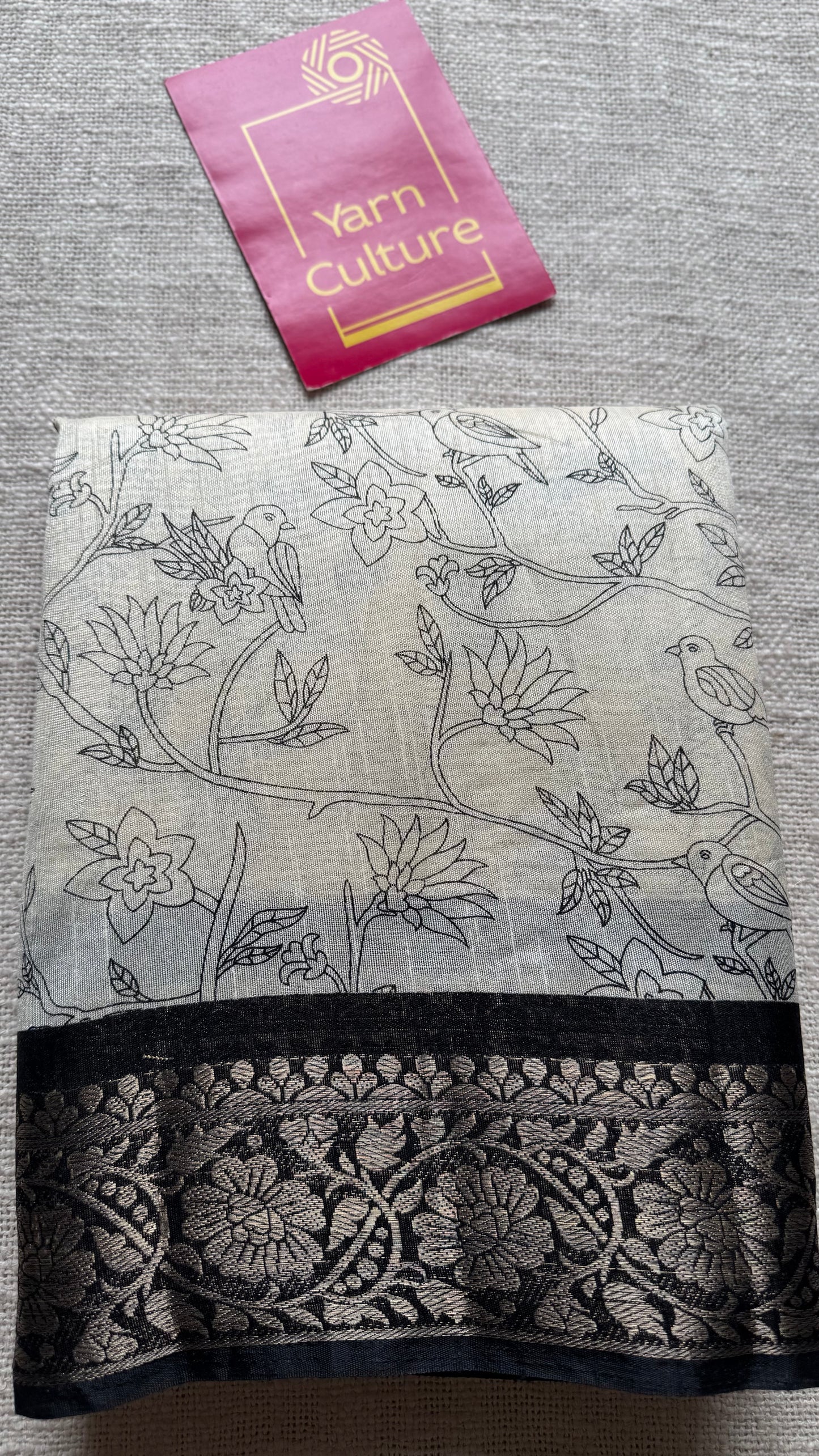 Off white and black, printed kalamkari, bird motif, semi-tussar - YCWOTDSTK06
