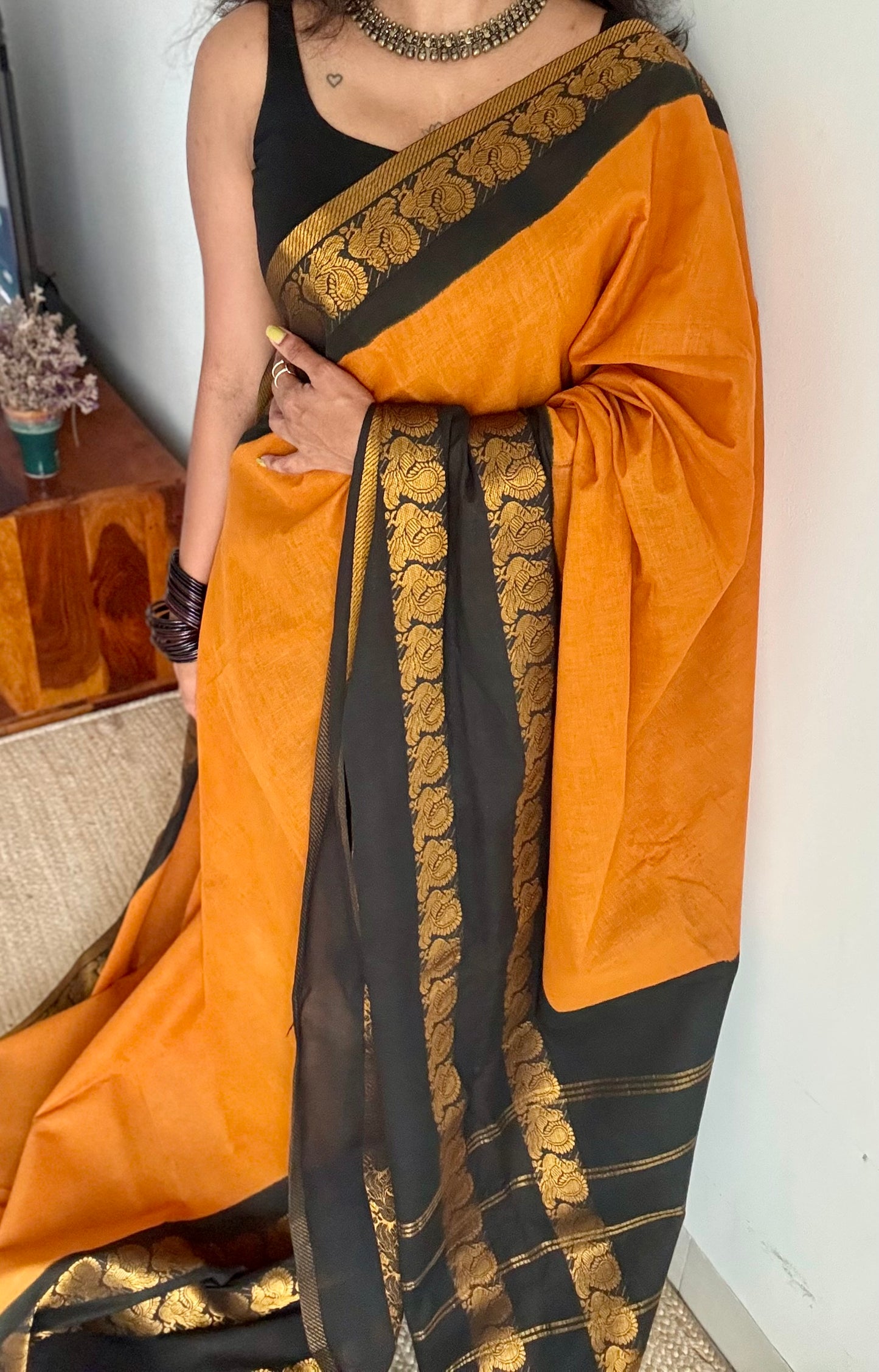 Dark turmeric and black sungudi with triple peacock motif rettai pettu wide border - YCCOTNSEMS46