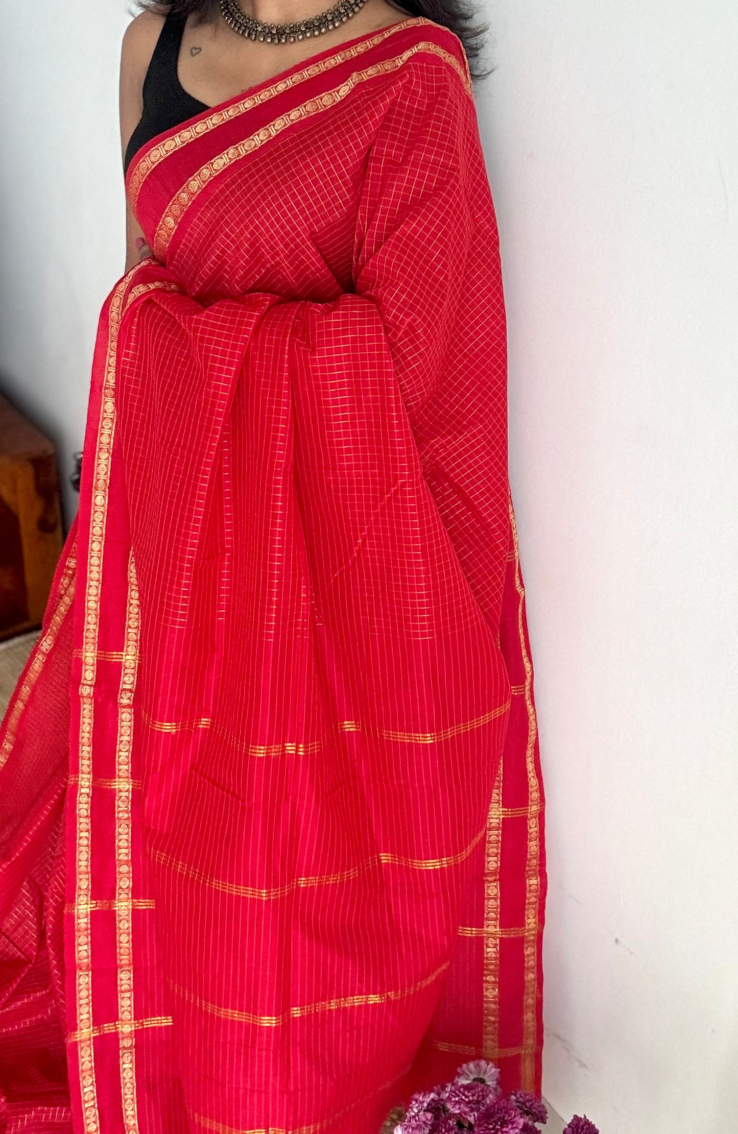 Chilli Red, arani zari checks, cotton silk - YCCOTNJUAR18