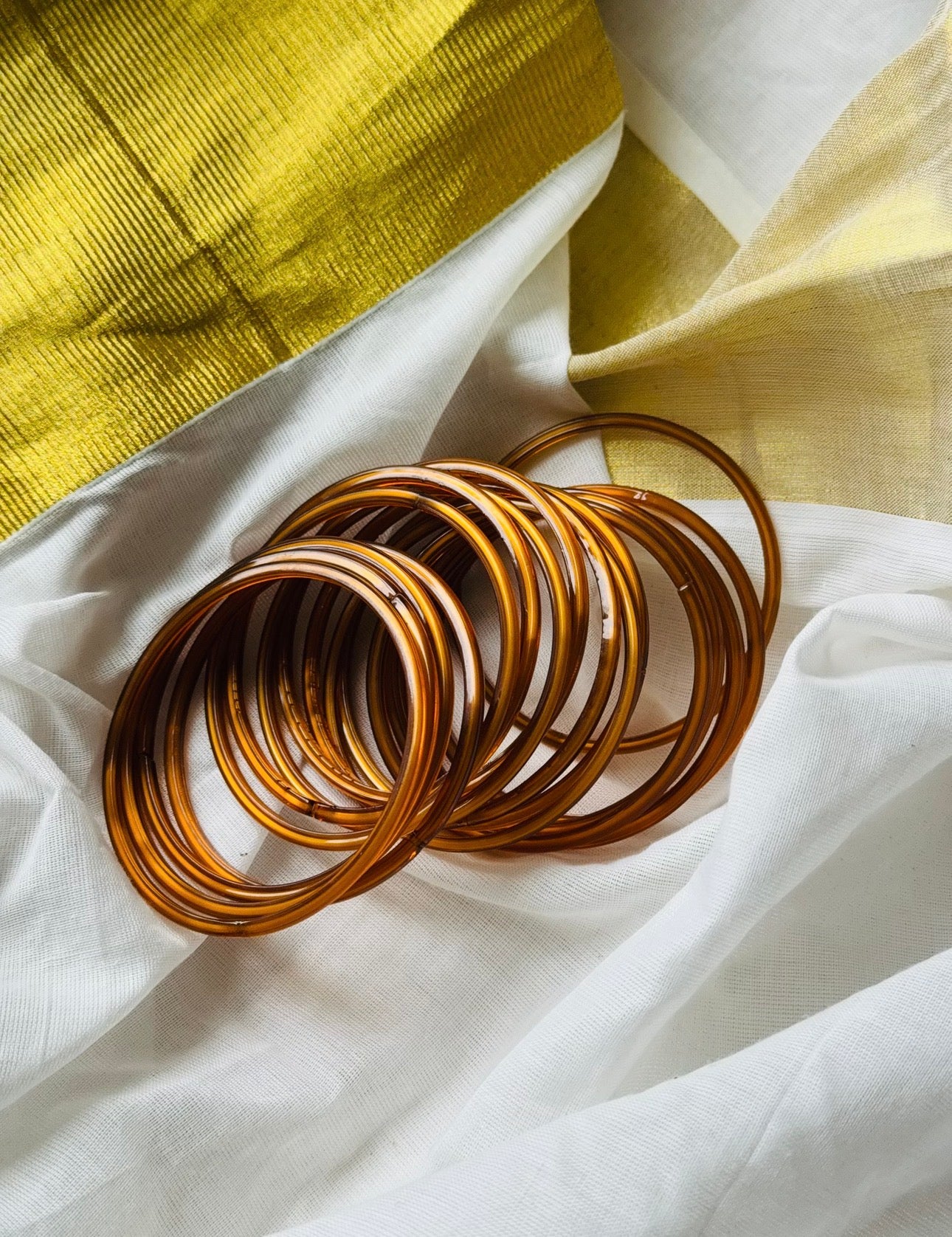 Light golden brown glossy glass bangles, set of 12 - YCBANGL835